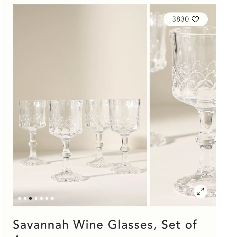 Anthropologie Savannah Set of 4 Glass Wine Goblets Clear Embossed Floral Stem